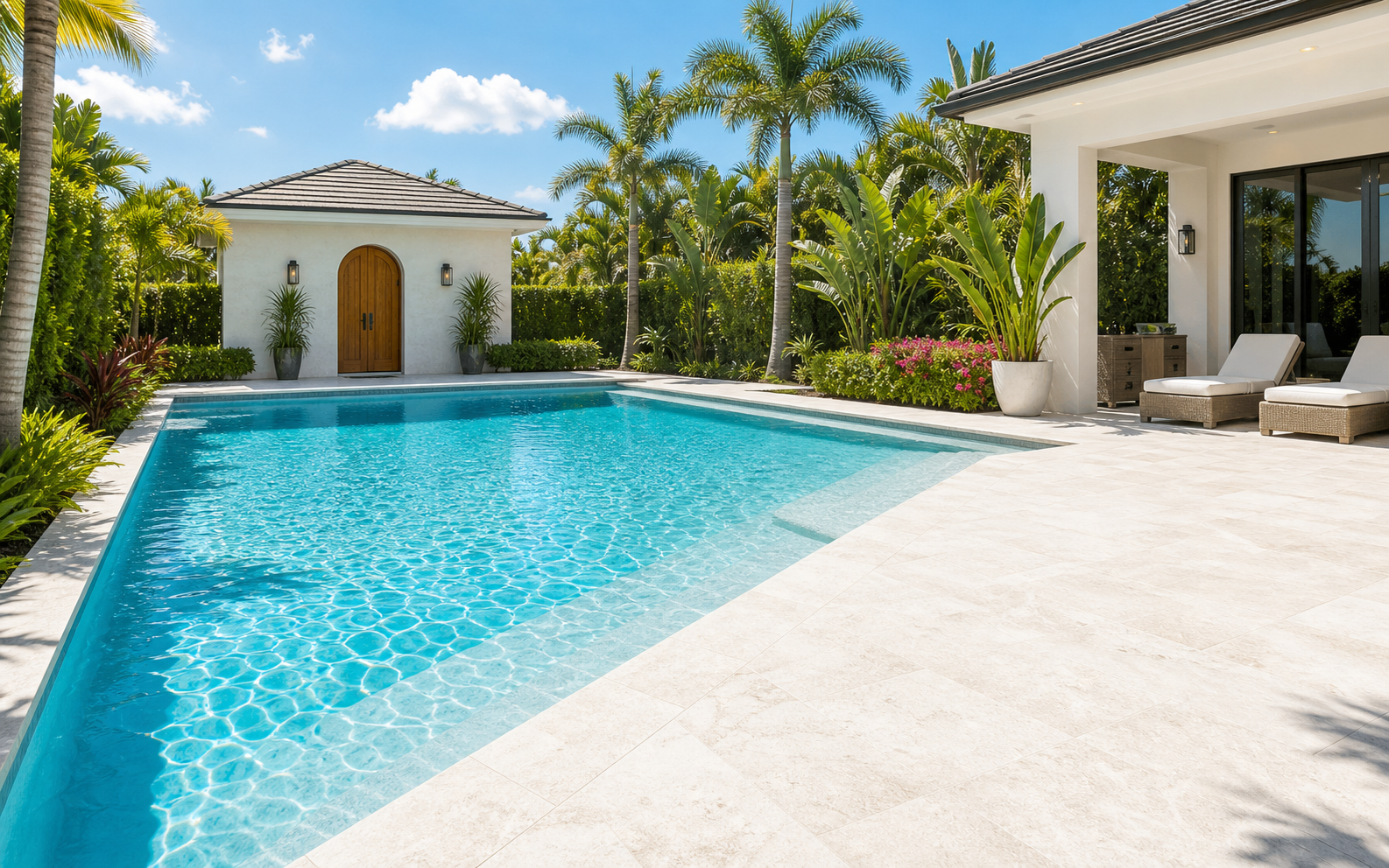 Clear blue residential pool in bright Miami-style sun