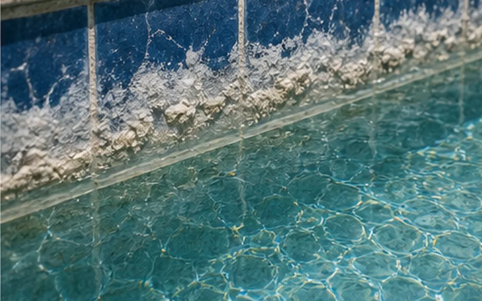 Calcium scale buildup along blue pool waterline tile
