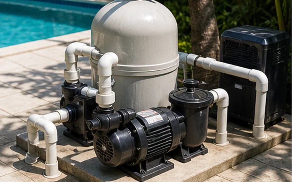 Pool filter and pump equipment beside a residential pool