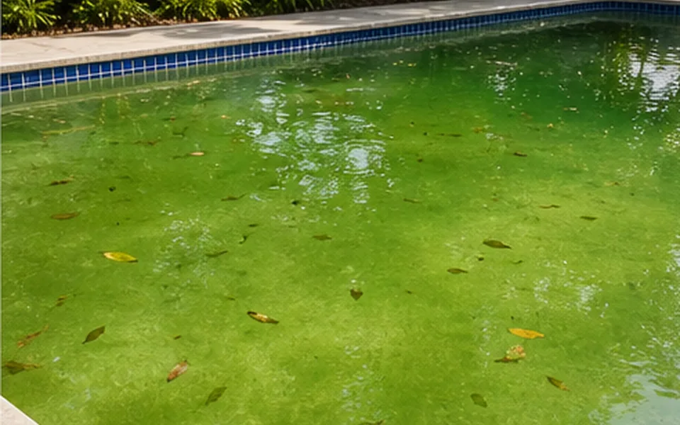 Green algae pool water before recovery